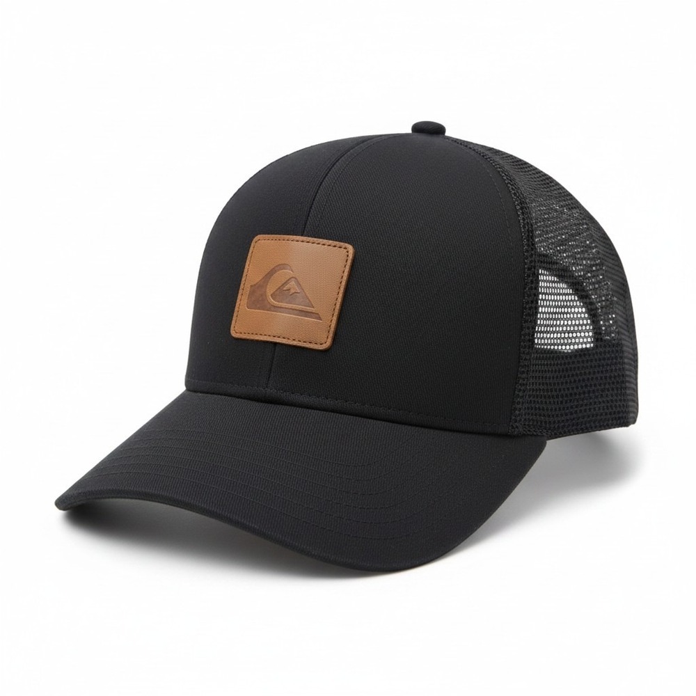 Quiksilver Mens Trucker Hat Black Mesh Snapback Cap Leather Logo Patch QS001045Y